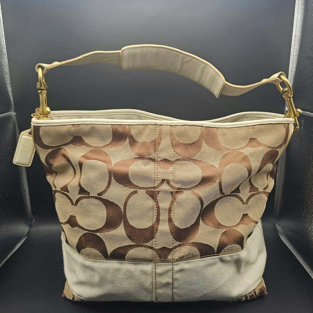 Coach Signature Jacquard Hobo Bag Brown Tan White Leather 10627